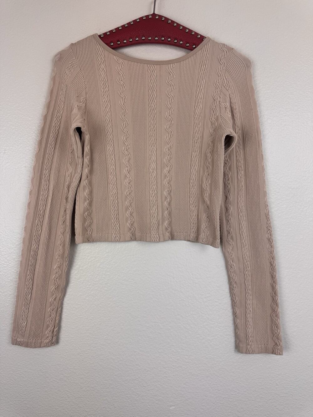 Cotton Candy Long Sleeve Cable Knit Texture Crop Top Preppy Layering Beige Large
